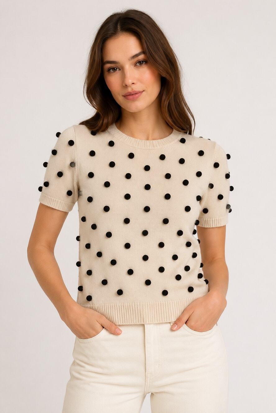 Lisa Perry x Barneys New York 100% Cashmere Pom Pom Sweater Cream Black Size S